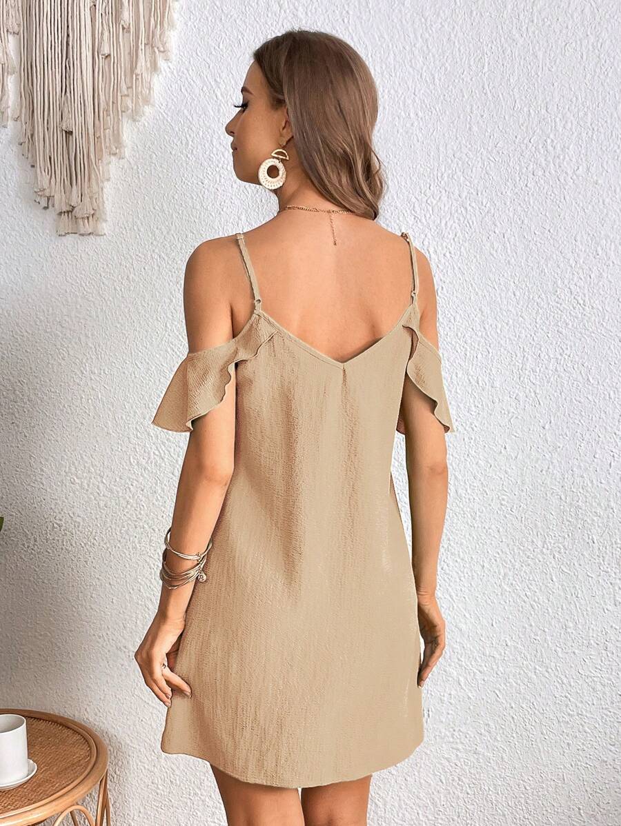 Back view of khaki cold shoulder mini dress with V-shaped back