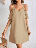 Close front view of khaki V-neck cold shoulder mini dress