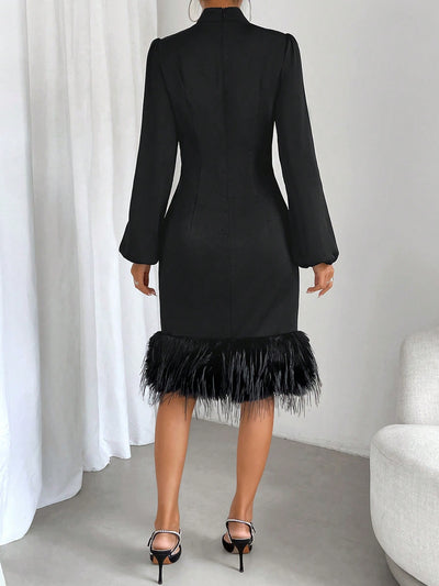 Cozy Chic: Twist Front Lantern Sleeve Fuzzy Trim Dress