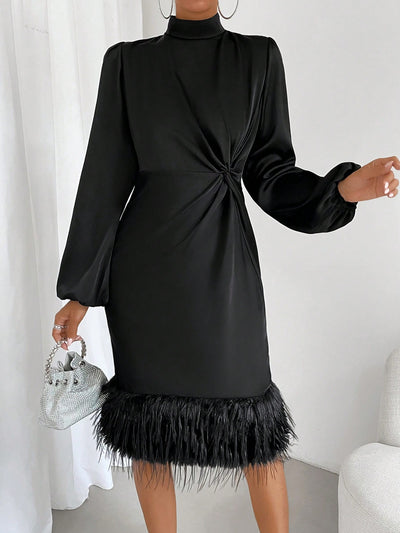 Cozy Chic: Twist Front Lantern Sleeve Fuzzy Trim Dress