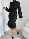 Cozy Chic: Twist Front Lantern Sleeve Fuzzy Trim Dress