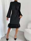 Cozy Chic: Twist Front Lantern Sleeve Fuzzy Trim Dress