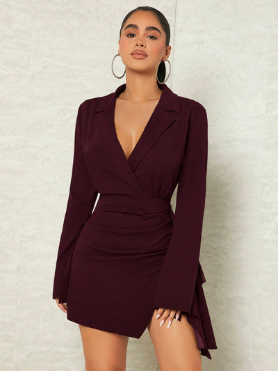 Elegance Redefined: Lapel Collar Ruched Split Hem Dress