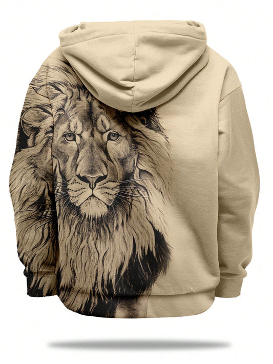 Stylish Men's Plus Size Lion Pattern Print Kangaroo Pocket Drawstring Hoodie