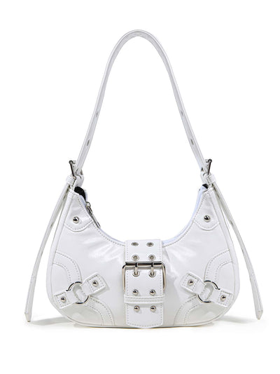 Gothic Chic: White Crocodile Shoulder Bag with Metal Buckles