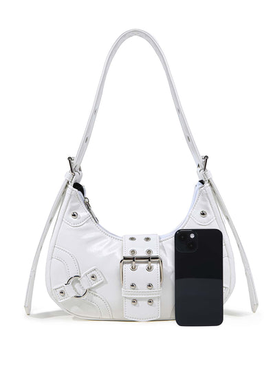 Gothic Chic: White Crocodile Shoulder Bag with Metal Buckles