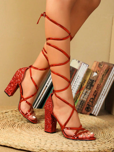 Party Perfect: Metallic Sheen Leg-Wrapped High Heel Sandals with Crossed Toe Straps