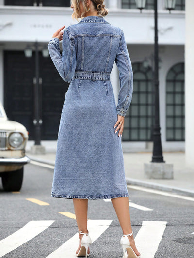 Chic and Versatile Belted Denim Dress with Flap Pocket Detail