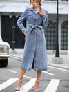 Chic and Versatile Belted Denim Dress with Flap Pocket Detail