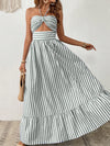 Summertime Dream: Sleeveless Striped Floral Vacation Dress with Neck Hanging Design