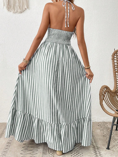 Summertime Dream: Sleeveless Striped Floral Vacation Dress with Neck Hanging Design