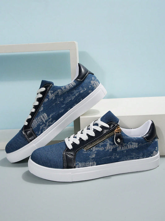 Stylish Denim Blue Canvas Sneakers: Zipper Design for Comfort and Breathability - Perfect for Sports and Casual Wear