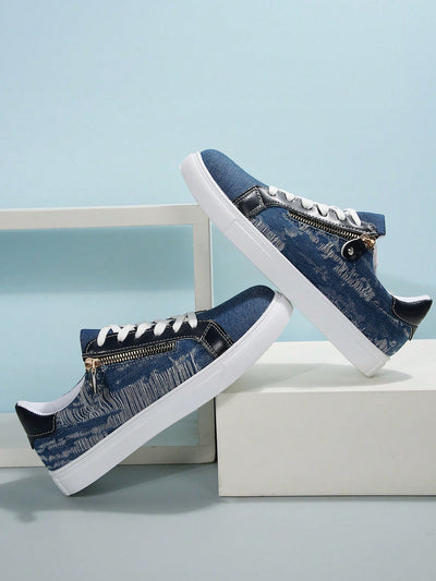 Stylish Denim Blue Canvas Sneakers: Zipper Design for Comfort and Breathability - Perfect for Sports and Casual Wear