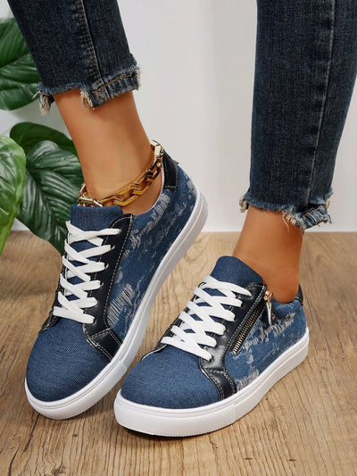 Stylish Denim Blue Canvas Sneakers: Zipper Design for Comfort and Breathability - Perfect for Sports and Casual Wear