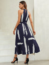 Chic Halter Neck Belted Dress with Classic Brush Print