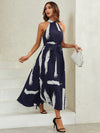 Chic Halter Neck Belted Dress with Classic Brush Print