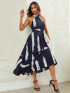 Chic Halter Neck Belted Dress with Classic Brush Print