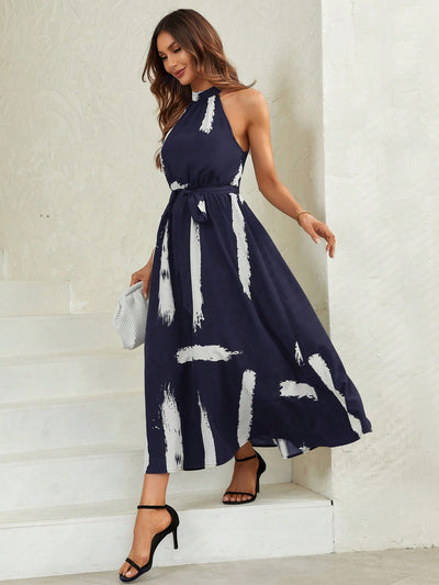 Chic Halter Neck Belted Dress with Classic Brush Print