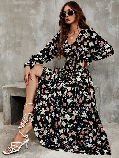 Vintage Vibes: Ditsy Floral Print Dress with Flounce Sleeve and Ruffle Hem