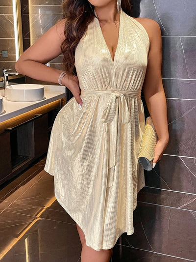 Flattering Plus Size Asymmetrical Hem Belted Halter Dress