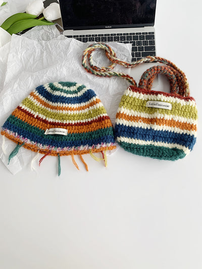 Rainbow Striped Knitting Hat & Bag Set: Vintage Crochet Fisherman Style