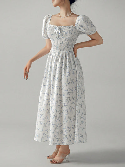 Chic Unity Ditsy Floral Print Puff Sleeve Dress with Knot Front Detail