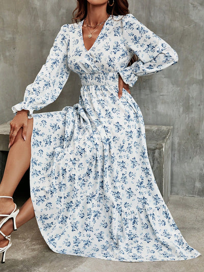 Vintage Vibes: Ditsy Floral Print Dress with Flounce Sleeve and Ruffle Hem