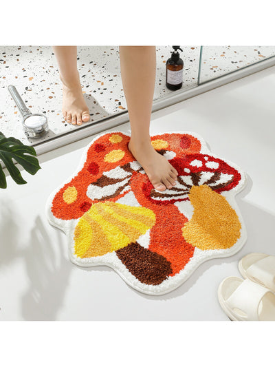 Cozy Mushroom Girl Bathroom Mat: Soft & Absorbent Orange Irregular Shape Entrance Mat