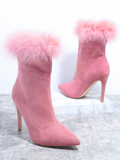 Stylish and Chic: Pink Detail Pointy Toe Stiletto Heeled Boots