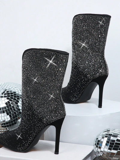 Sparkle and Shine: Rhinestone Stiletto Boots with Side Zipper