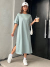 Mint Green Drop Shoulder Tee Dress with Split Hem