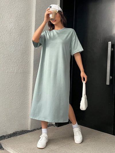 Mint Green Drop Shoulder Tee Dress with Split Hem