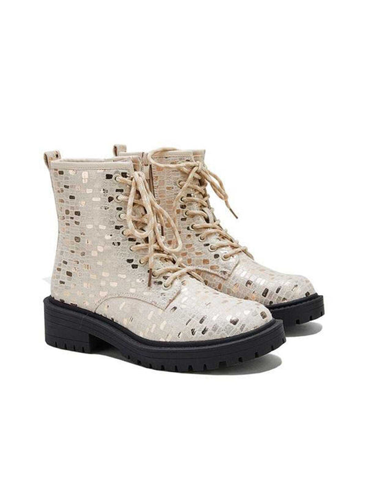 Elevate your style with our Sparkle in Style Glitter Combat Boots. These boots feature a chunky heel for added comfort and a touch of glamour with the sparkling glitter design. Perfect for any occasion, these boots will make you stand out in a crowd.