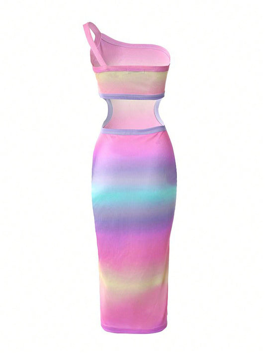 Radiant Ombre One-Shoulder Bodycon Dress with Waist Cut-Out Detail