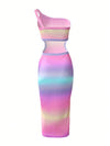 Radiant Ombre One-Shoulder Bodycon Dress with Waist Cut-Out Detail