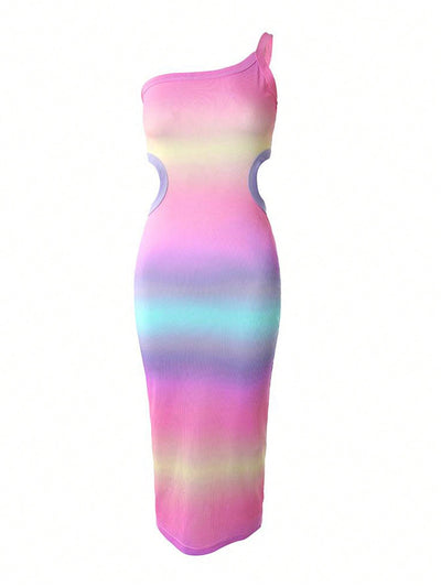 Radiant Ombre One-Shoulder Bodycon Dress with Waist Cut-Out Detail