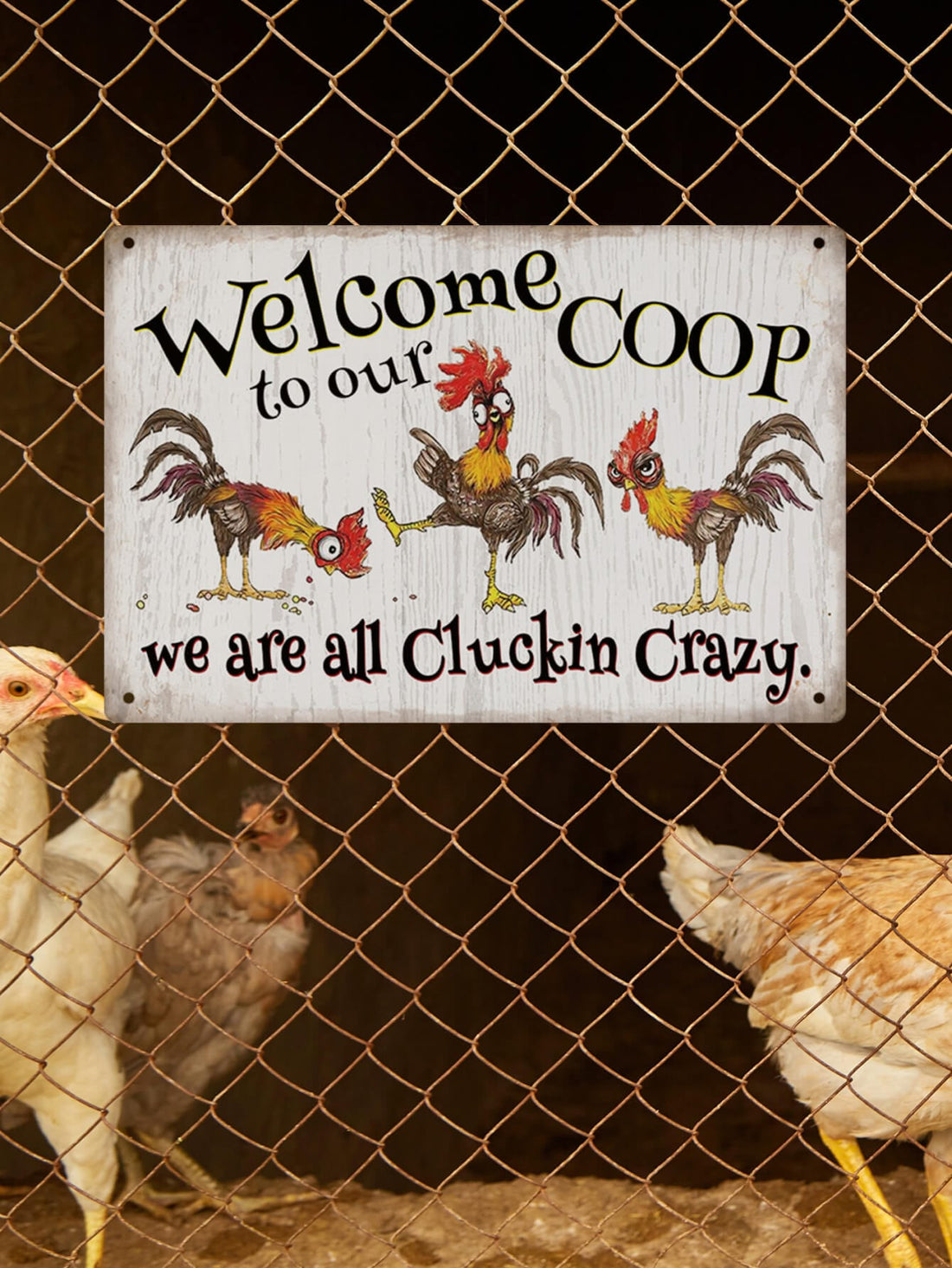 Welcome your feathered friends with our Cluckin' Crazy metal sign! This vintage farmhouse wall art is perfect for chicken coops and henhouses. Made from durable metal, it's built to weather the elements and add character to your farm. Get ready to cluckin' love it!