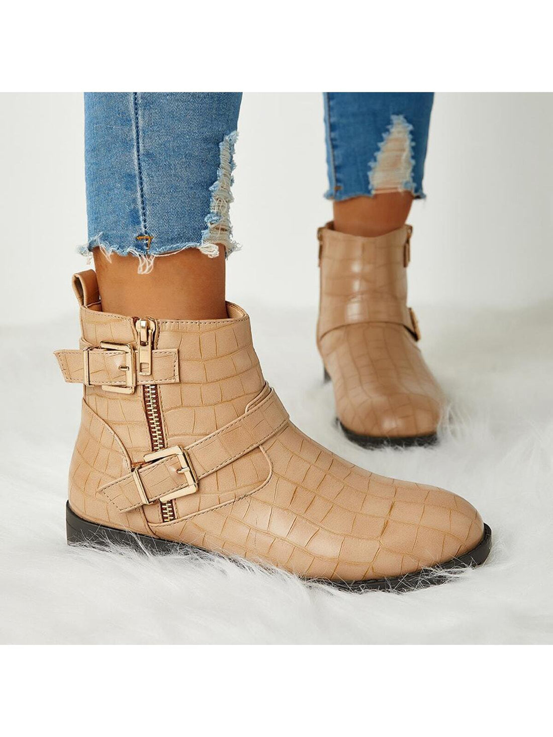 Stylish Women's Round Toe Chunky Low Heel Booties with Side Zipper