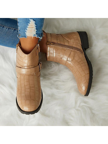 Stylish Women's Round Toe Chunky Low Heel Booties with Side Zipper