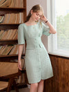 Experience effortless style with our Mint Green: Solid Color Square Neck Button Front Dress. The square neck and button front add chic details to the classic silhouette. Made with high-quality fabric, this dress offers comfort and durability for any occasion. Elevate your wardrobe with this must-have piece.