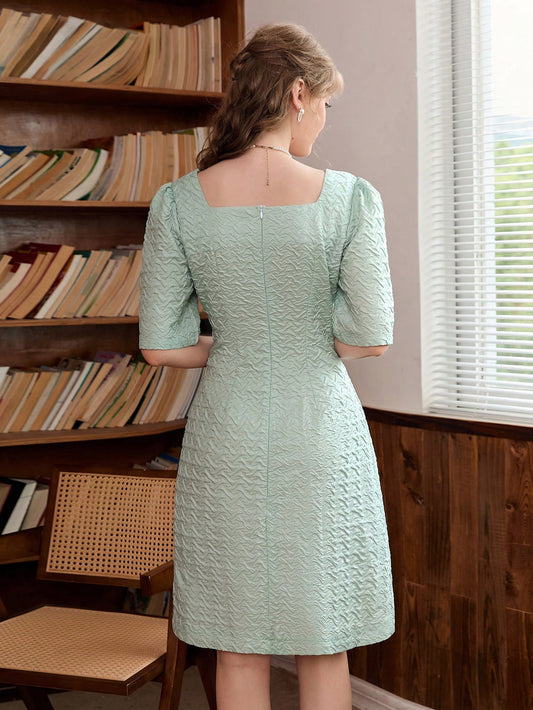 Mint Green: Solid Color Square Neck Button Front Dress