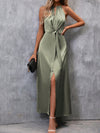 Chic and Elegant Clasi Solid Split Hem Belted Halter Dress