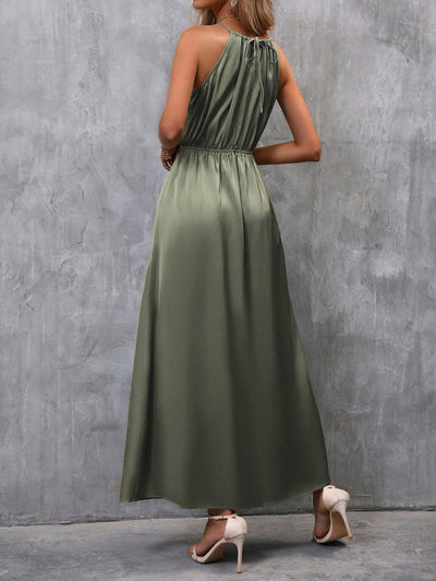 Chic and Elegant Clasi Solid Split Hem Belted Halter Dress