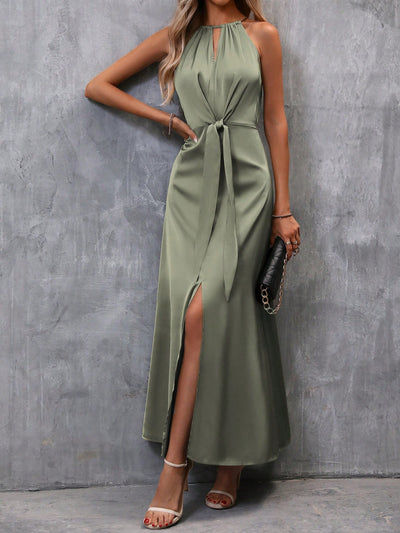 Classic Elegance: Solid Split Hem Belted Halter Dress