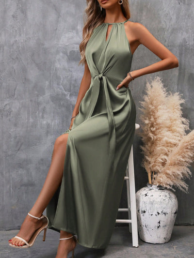 Chic and Elegant Clasi Solid Split Hem Belted Halter Dress