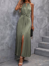 Chic and Elegant Clasi Solid Split Hem Belted Halter Dress