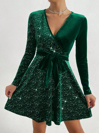 Chic Velvet Surplice Neck Dress with Belt - Perfect for Every Occasion