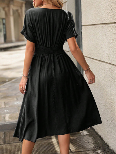 Chic and Classic: Notched Neckline A-Line Dress with Button Detail