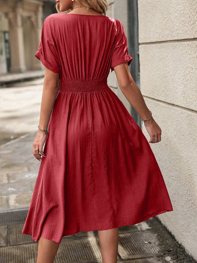 Chic and Classic: Notched Neckline A-Line Dress with Button Detail