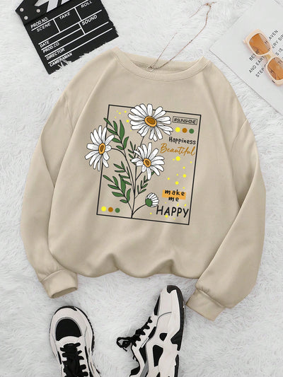 Stay Cozy in Style with Floral and Slogan Graphic Thermal Lined Sweatshirt